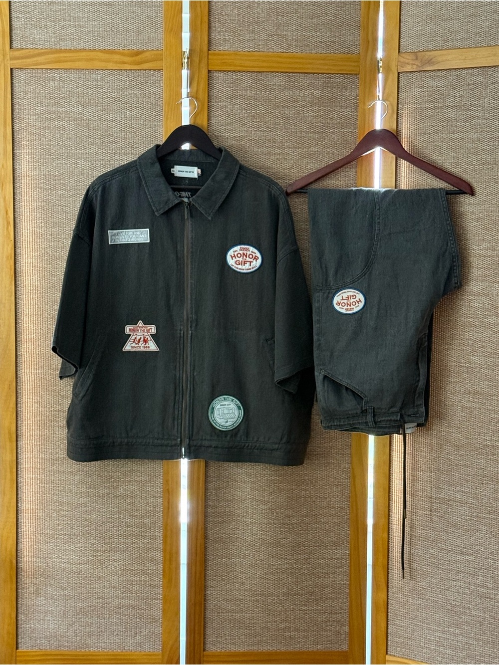 Honor the Gift Black Denim Zip Jacket and Pants Set with Patches